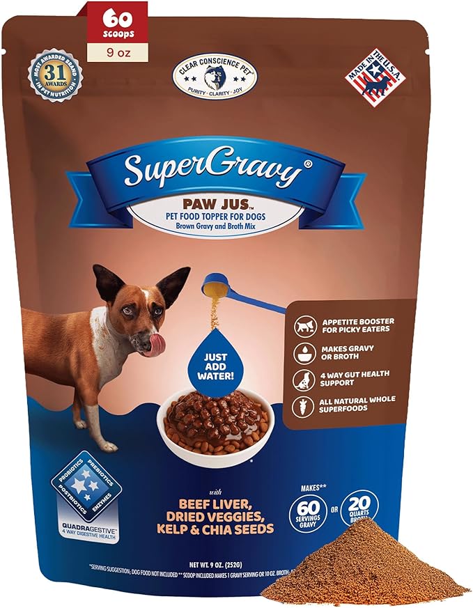 CLEAR CONSCIENCE PET® Paw Jus™ SuperGravy® Natural Dog Food Gravy Topper, Hydration Broth Mix, Gluten and Grain Free Kibble Seasoning Powder Topper for Picky Eaters (9 oz. (60 Scoop))