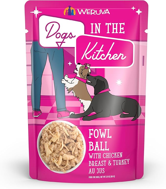 Weruva Dogs in The Kitchen, Fowl Ball with Chicken Breast & Turkey Au Jus Dog Food, 2.8oz Pouch (Pack of 12)