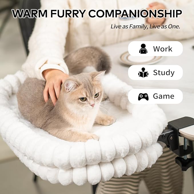 CHEERPALS Cat Desk Bed with Reversible Cushion, 90°Foldable Cat Hammock for Desk Mounted, Suitable for Medium-to-Large Cats and Puppy, Clowd Series(White, Medium)