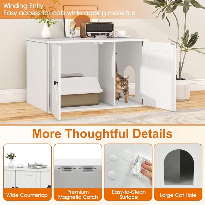 Tangkula Cat Litter Box Enclosure, Hidden Cat Washroom Cabinet with Double Doors, Divider, Side Entry, Indoor Wooden Cat House End Table, Enclosed Litter Box Furniture (White)