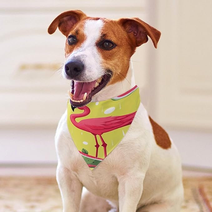 Dog Bandana Spring Pet Scarf Adjustable Triangle Pink Flamingo and Watermelon Printing Dog Bib Washable Polyester Puppy Bandana for Small Medium Large Dogs Cat Birthday Party Supplies