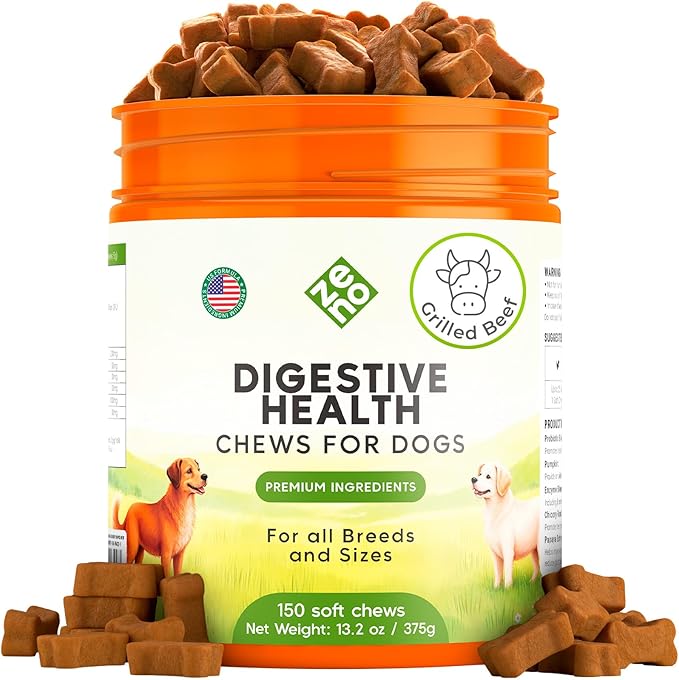 ZENO Probiotics for Dogs Chews - 150 pcs - Digestive & Gut Health Support - Probiotic Chews for Dogs with Enzymes & Natural Ingredients -US Formula - Grilled Beef