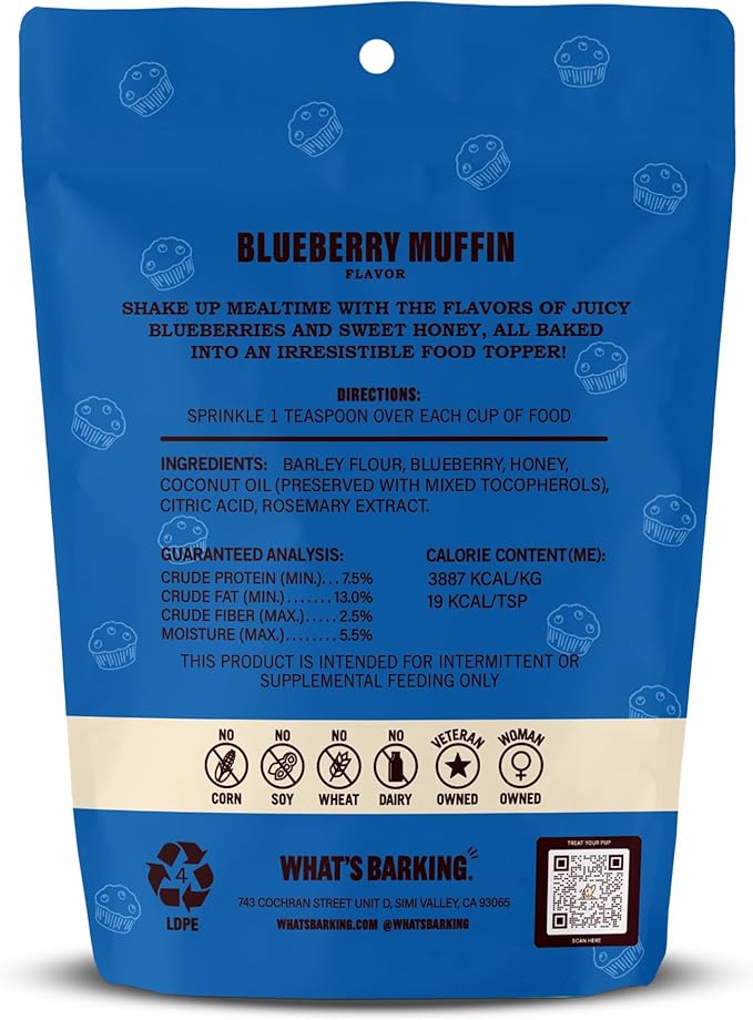 What's Barking Shakers Meal Toppers, Dog Treat Crumbles for Food Topping, Pet Essentials, Sprinkle Topper for Kibble or Wet Food, Made in USA, Resealable Bag, Blueberry Muffin Flavor, 5 oz