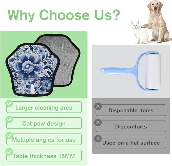 Blue White Flowers Electrostatic Pet Hair Removal Glove for Cats & Dogs - Reusable Grooming Mitt for Couch, Carpet, Car Seat & Laundry - Large 9x9 Inch