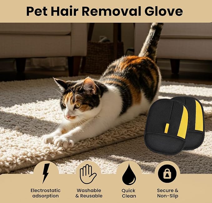 Serapha 2. Upgraded Electrostatic Pet Hair Removal Gloves for Dogs & Cats, Reusable & Washable Fur Remover for Sofa, Clothes, Carpet, Car Seats & Pet Beds, Quick Clean Lint Tool (2 Pack Black)