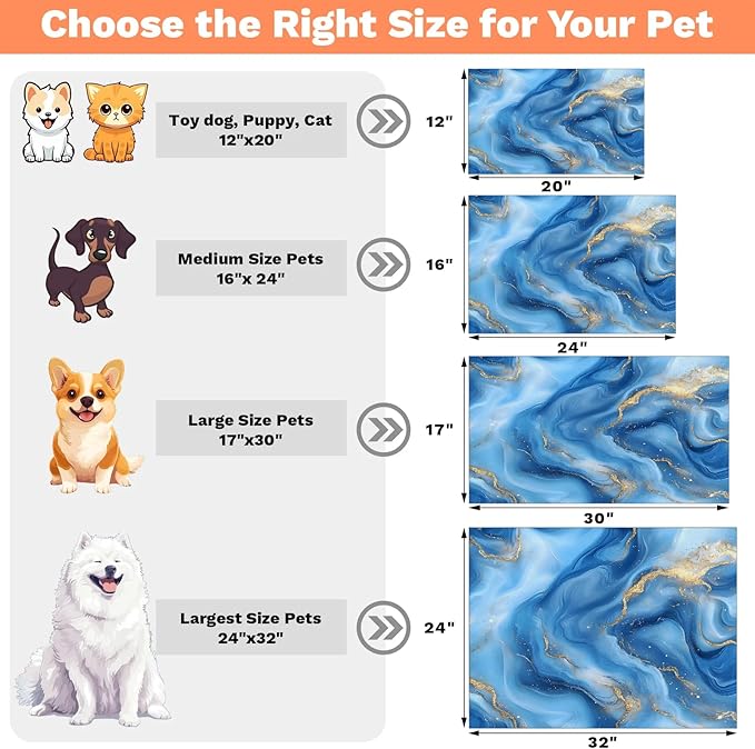 Marble Dog Food Mat for Floors Absorbent, Quick Dry Water Dispenser Mat for Food, Water, Pet Supplies 16" x 24", Blue Abstract