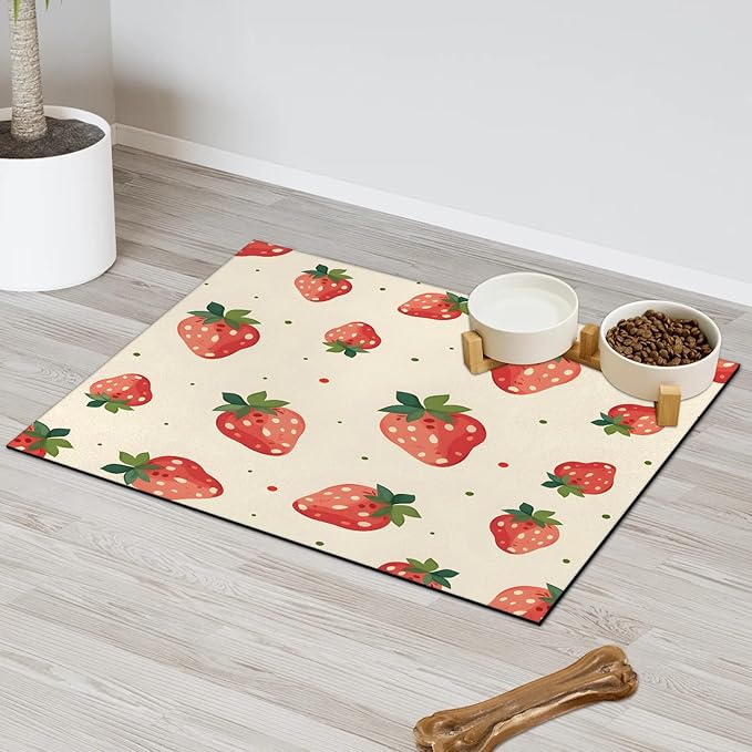 Strawberry Fruit Dog Food Mat for Floors Absorbent Dog Bowl Mat for Food and Water Dispenser Quick Dry Cat Food Placemat Pet Supplies 16" x 24", Polka Dots