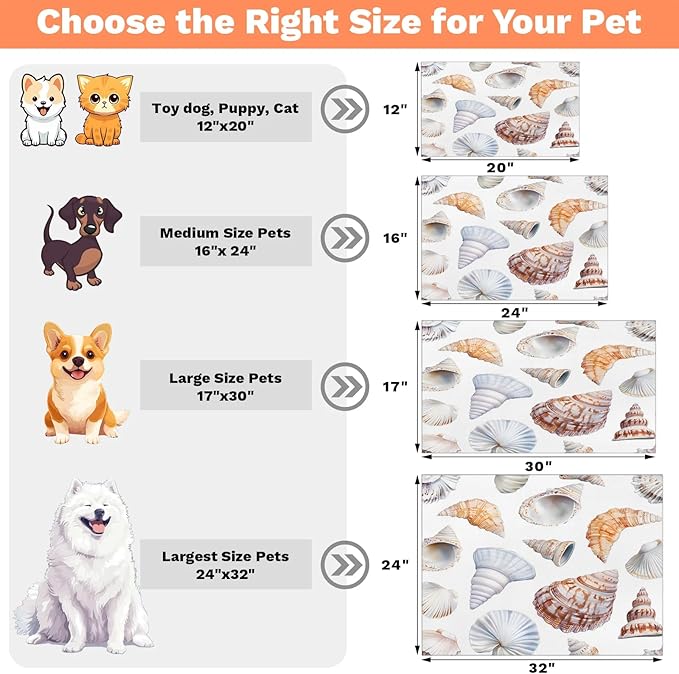 Tropical Seashell Dog Food Mat for Floors Absorbent Dog Bowl Mat for Food and Water Dispenser Quick Dry Cat Food Placemat Pet Supplies 12" x 20", Nautical Coastal