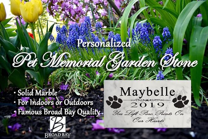 Broad Bay Dog Pet Memorial Gift Stone Solid Marble Personalized Pet Plaque Garden Marker Indoor or Outdoor Grave Headstone 12" x 6" (Paw Prints On Our Hearts)