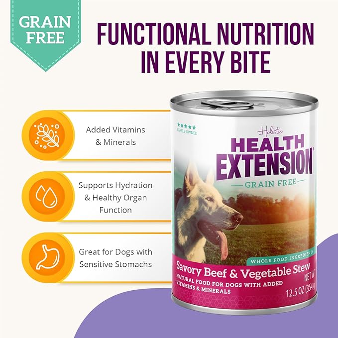 Health Extension Savory Beef Stew Grain-Free Wet Dog Food, 12.5 oz - Protein-Rich, Hydration Support, Ideal for All Breeds (Case of 12 Cans)