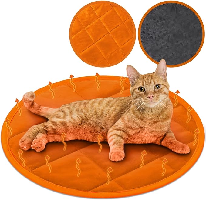 2 Pcs Self Warming Cat Mat Round Self Heating Pad Bed Reversible Machine Washable Heated Bed Anti Slip Warming Pad Pet Mat for Cat Crate Indoor Outdoor(Orange,16 Inch)
