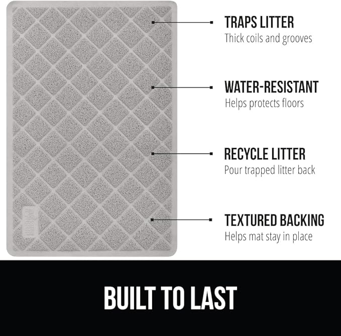 GORILLA GRIP Cat Litter Box Mat, 35x23, Water Resistant, US Designed Kitty Litter Trapping Mats, Easy to Clean, Scatter Control, Less Mess and Clean Floors, Kitten Supplies for Indoor Cats, Light Gray