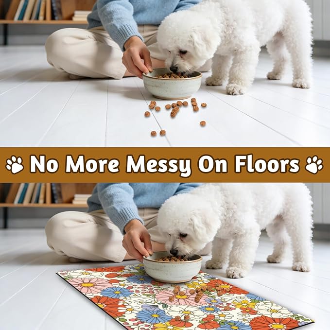 GLOBLELAND Florals Pet Food Mat for Floors 11.8×20 inch Dogs Food Mats Absorbent Dog Bowl Mat Quick Dry Dog Cat Pet Placemats Pets Supplies for Water Dispenser