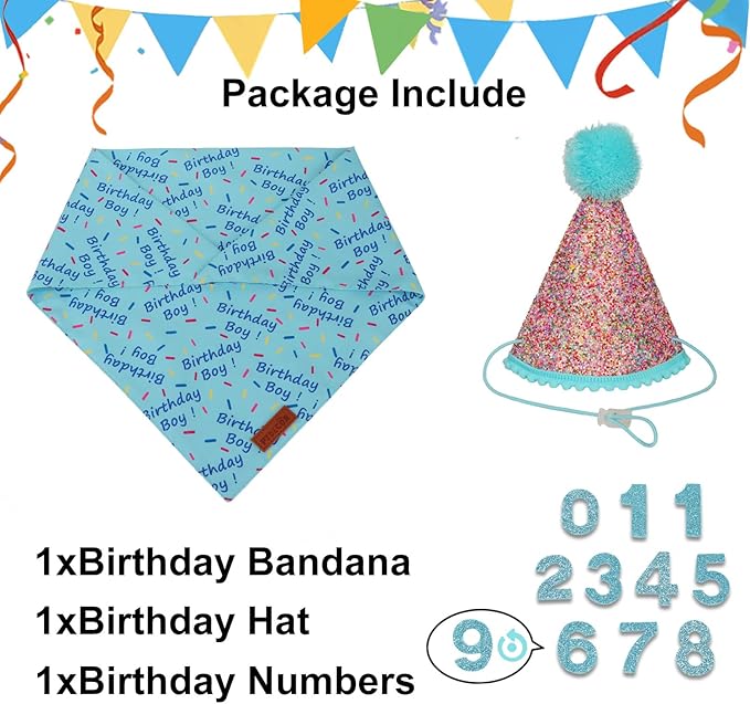PTDECOR Dog Birthday Party Supplies, Blue Birthday Boy Bandana, Glitter Dog Birthday Hat with Numbers for Small Dogs Pets (Small)