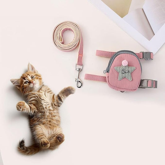 Pet Harness Leash Set, Cute Backpack Cat Vest Belt Leash Snap Design Pet Harness Leash Comfortable and Breathable Dog Vest Leash Outing Supplies School Bag Pet Supplies
