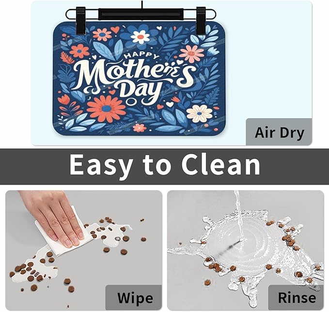 Pet Feeding Mat Absorbent Dog Mat for Food Water Bowl No Stains Quick Dry Water Dispenser Mats Happy Mother's Day Floral Gift Mom Navy Dog Accessories Pet Supplies Bowl for Messy Drinkers 18X12In