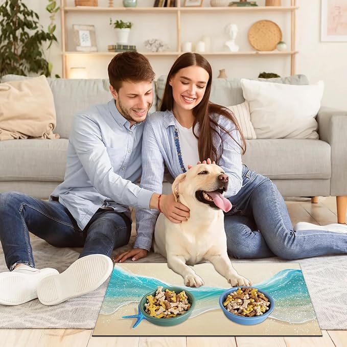 Beach Starfish Dog Food Mat for Floors Absorbent, Quick Dry Water Dispenser Mat for Food, Water, Pet Supplies 17" x 30", Nautical Coastal