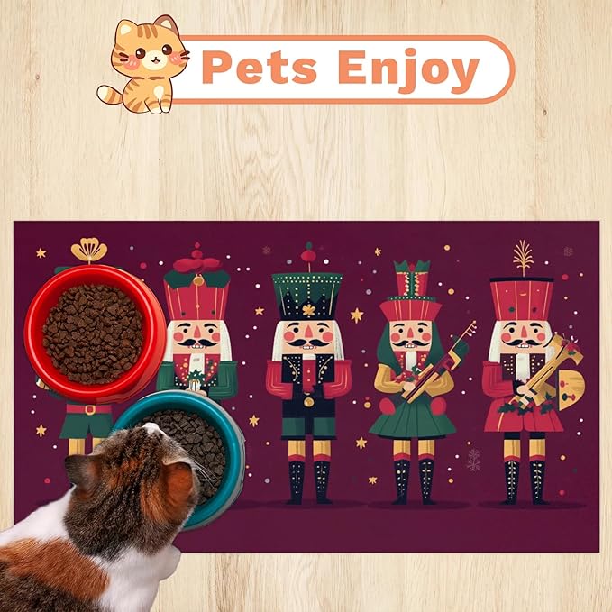 Nutcrackers Xmas Dog Food Mat for Floors Absorbent, Quick Dry Water Dispenser Mat for Food, Water, Pet Supplies 17" x 30", Merry Christmas