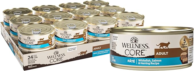 Wellness CORE Pate Adult Wet Cat Food, Natural, Protein-Rich, Grain Free, 5.5 Ounce, 24 Pack (Whitefish, Salmon & Herring)