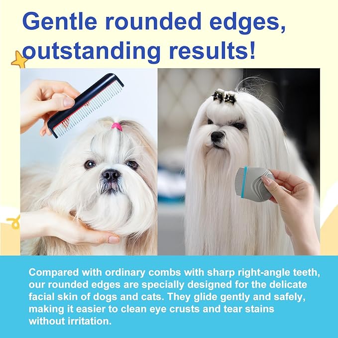 Dogs & Cats Grooming Flea Comb, Stainless Steel Pet Comb with Round Teeth for Matted Hair, Eye Booger Tear Stain Remover Tool for Small Large Dogs Pet Supplies