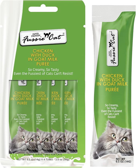 Fussie Cat Super Premium Chicken with Duck in Goat Milk Puree, lickable cat Treats, 0.5oz Pouch Pack of 4