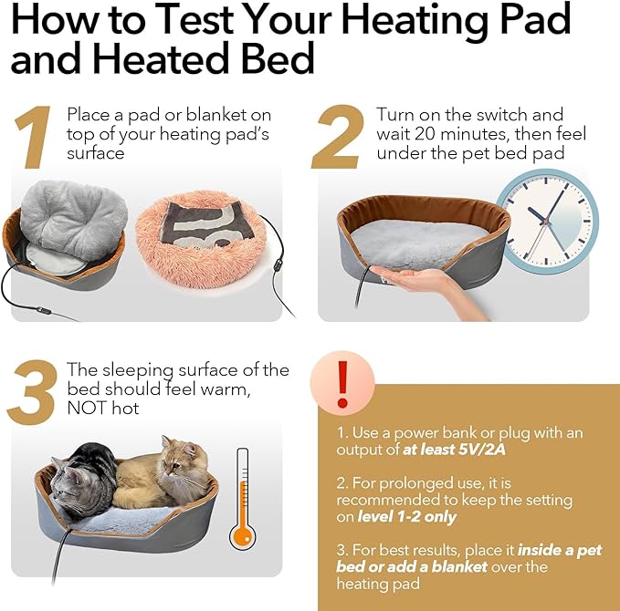 USB Pet Heating Pad – Turns Any Pet Bed Heated (Use Inside Bed), 5V/2A Required, 5-Temp & Timer, 140°F Auto Shut-Off, Waterproof Warmer for Cats/Dogs, Power Bank/Wall/Car Powered (8"x11.5")