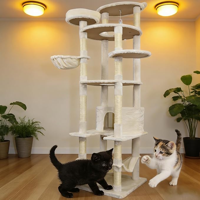 78.8 Inches Cat Tower for Indoor Cats, Cute Cat Tree with Cozy Condo, Platform, Hammock, Sisal Scratch Board and Interactive Toy (Beige)