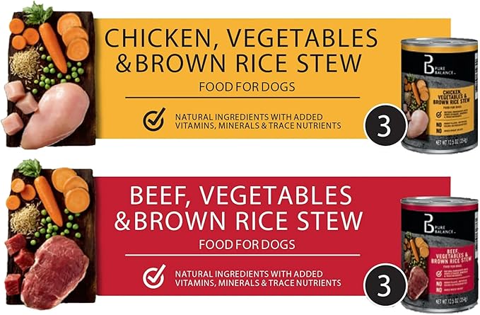 Pure Balance Wet Dog Food Variety Pack, 12.5 oz Cans, Beef & Chicken with Vegetables & Brown Rice, No Fillers, No Artificial Flavors, Adult Dogs, Stew Texture, All Breeds, Immune Support (6 Cans)