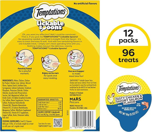 Temptations Lickable Spoons, Soft Lickable Cat Treats, Adult Wet Cat Treats, Tasty Chicken and Savory Salmon Flavor, 8 Spoons, Pack of 12 (96 Total)