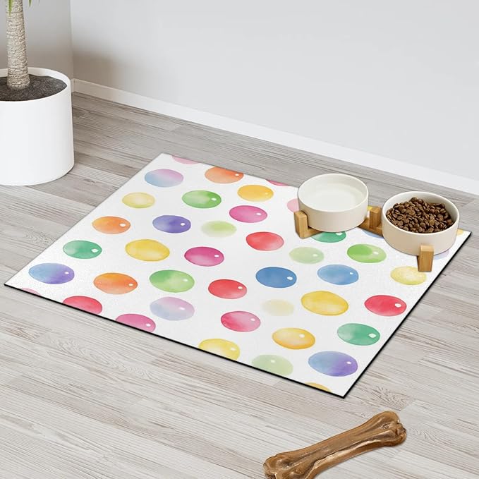 Polka Dot Dog Food Mat for Floors Absorbent Dog Bowl Mat for Food and Water Dispenser Quick Dry Cat Food Placemat Pet Supplies 24" x 32", Watercolor Rainbow