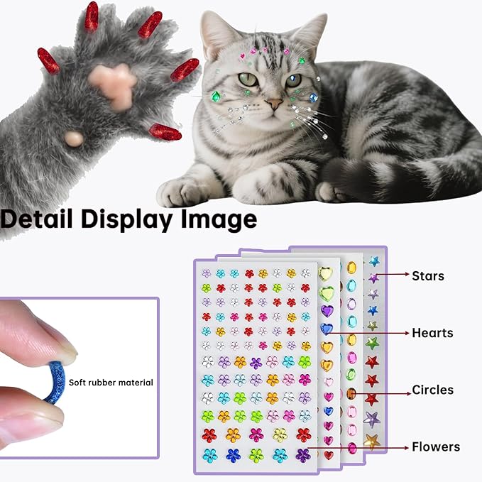 100 pcs Pet Hair Grooming Accessories Gem Stickers with Pet Self Adhesive Gems Rhinestones & 40 pcs Cat Nail Caps, Cat Claw Covers with Adhesives and Applicators for Birthday Party