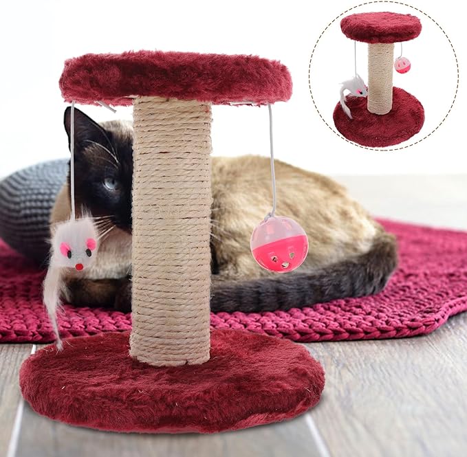 Cabilock Indoor Cat Scratching Post with Hanging Balls Double-Layer Sisal Scratching Tower Small Floor Cat Scratcher for Kittens with Bell Accessory Random Color