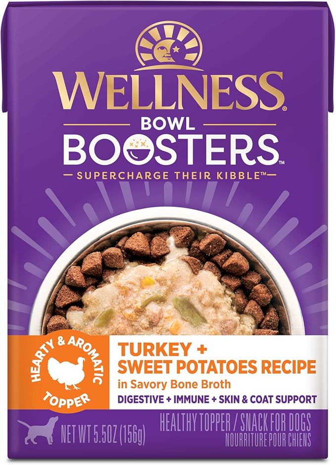 Wellness Bowl Boosters Hearty Toppers, Wet Dog Food Topper for Small, Medium, & Large Breeds, Grain Free, Natural, Turkey & Sweet Potatoes in Broth, 5.5 Ounce Pouch (Pack of 12)