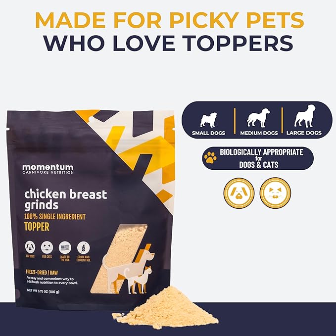 Momentum Carnivore Nutrition Freeze-Dried Chicken Breast Pet Food Topper – Single-Ingredient, All-Natural Topper – High-Protein for Dogs and Cats, Grain-Free and Made in The USA– (3.75 oz Bag)