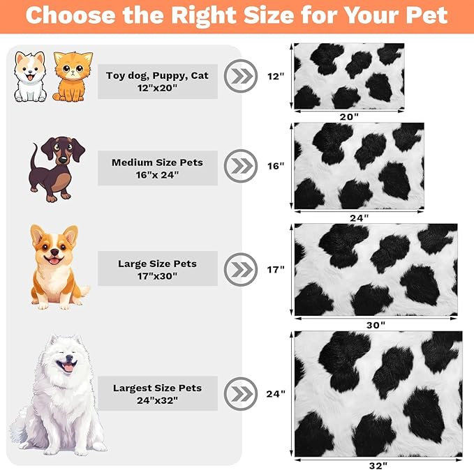 Cowhide Print Dog Food Mat for Floors Absorbent Dog Bowl Mat for Food and Water Dispenser Quick Dry Cat Food Placemat Pet Supplies 24" x 32", Black Milk Cow