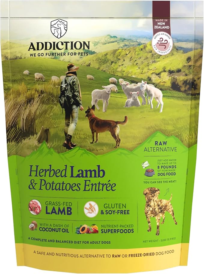 Addiction Herbed Lamb & Potatoes Raw Alternative Dog Food - Gently Air-Dried Complete Meal or Dog Food Topper for Digestive and Skin and Coat Health, 2 lb