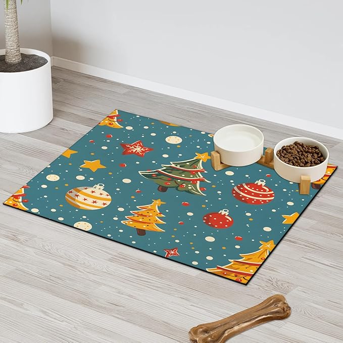 Christmas Tree Dog Food Mat for Floors Absorbent, Quick Dry Water Dispenser Mat for Food, Water, Pet Supplies 24" x 32", Xmas Ball