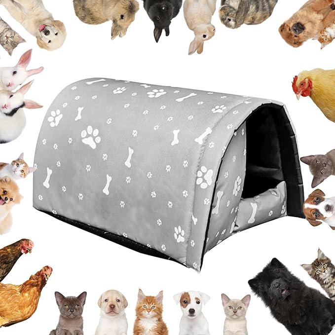 Fhiny Stray Cats Shelter, Waterproof Outdoor Cat House Foldable Warm Pet Cave for Winter Wild Animal Tent Bed Anti-Slip Kitten Cave for Feral Cat Dog Puppy Weatherproof Grey-L