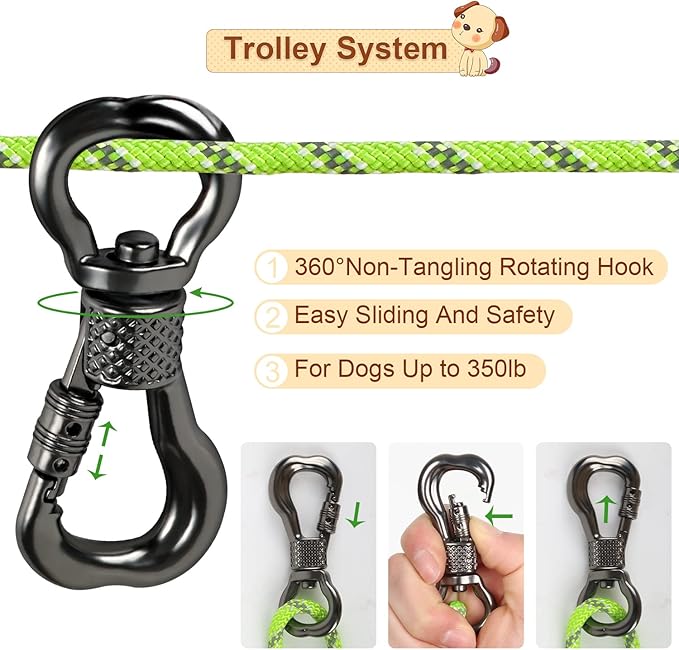 XiaZ Dog Tie Out Cable for Camping, 75FT Portable Overhead Trolley System for Dogs up to 300lbs，Dog Lead for Yard, Camping, Parks, Outdoor Events,5 min Set-up, Green