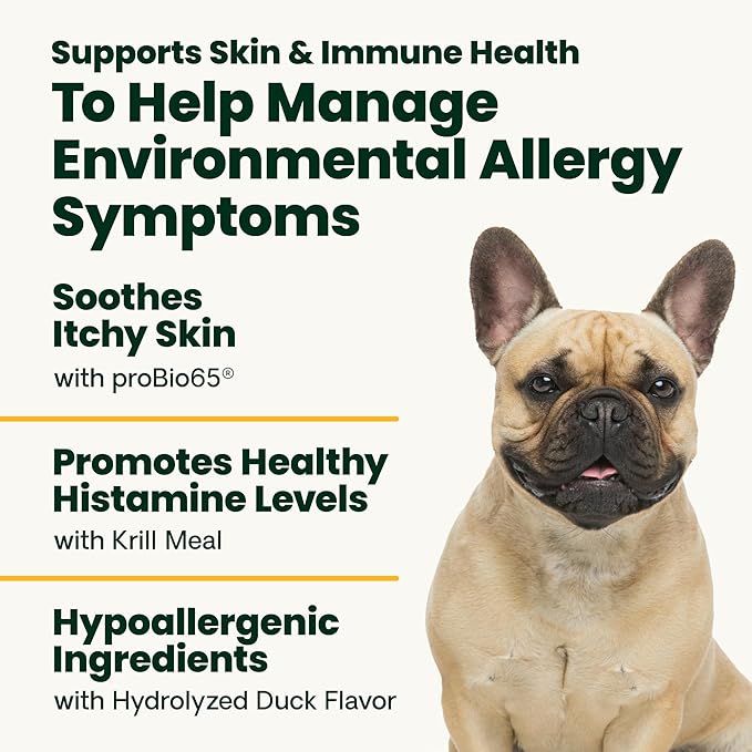 VetriScience Allergy & Itch Support Chews, Allergy Plus Skin Supplement for Dogs, Allergy Chews for Itching, Scratching, and Licking, Support Skin and Immune Health, Duck, 75 Count