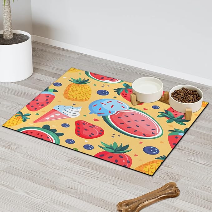 Ice Cream Dog Food Mat for Floors Absorbent Dog Bowl Mat for Food and Water Dispenser Quick Dry Cat Food Placemat Pet Supplies 24" x 32", Watermelon Strawberry