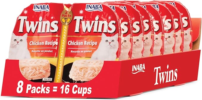 INABA Twins for Cats, Shredded Chicken & Broth Gelée Side Dish/Topper Cups with Vitamin E, 1.23 Ounces per Serving, 16 Servings, Chicken Recipe