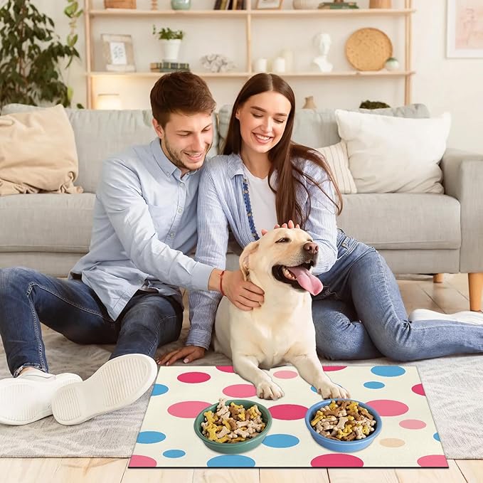 Polka Dot Dog Food Mat for Floors Absorbent Dog Bowl Mat for Food and Water Dispenser Quick Dry Cat Food Placemat Pet Supplies 17" x 30", Pink Blue