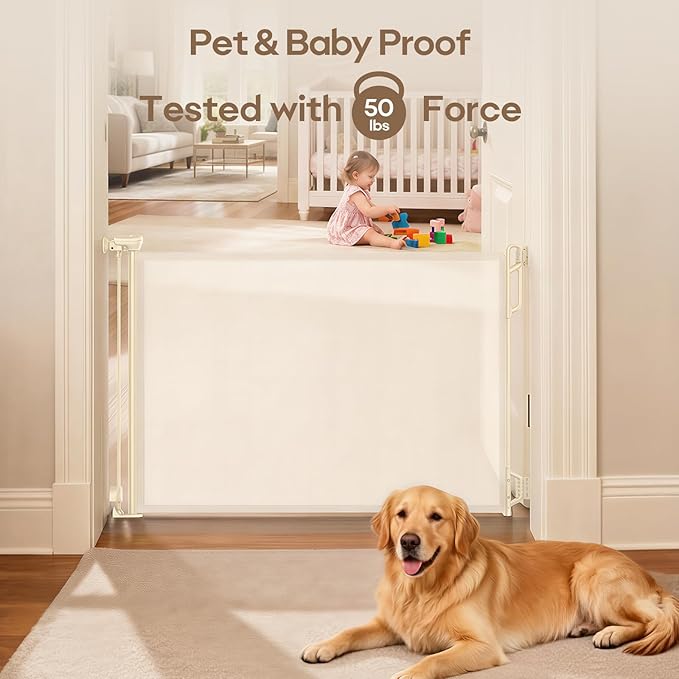 Retractable Safety Baby Gate or Mesh Dog Gate,Durable Portable Mesh Retractable Gate,Easy to Use for Stairs, Doorways, Hallways, Indoor, Outdoor, 33.5" Tall, Up to 55" Wide, Cream