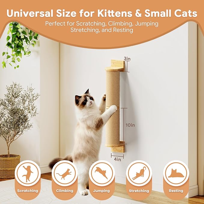 Cat Wall Scratcher Post- 24" Thicker Columns Wall Mounted Rubber Wood Sisal Scratching Post Furniture for Large Cats and Kittens