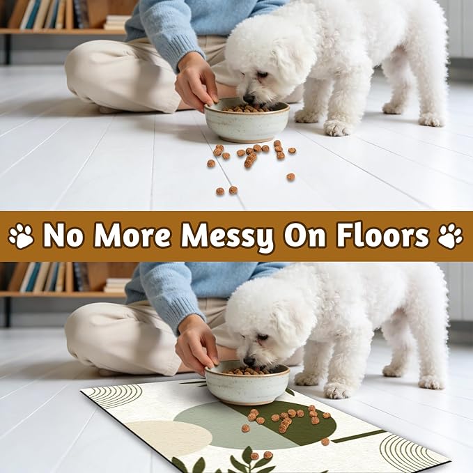 GLOBLELAND Bohemia Leaves Pet Food Mat for Floors 11.8×20 inch Dogs Food Mats Absorbent Dog Bowl Mat Quick Dry Dog Cat Pet Placemats Pets Supplies for Water Dispenser