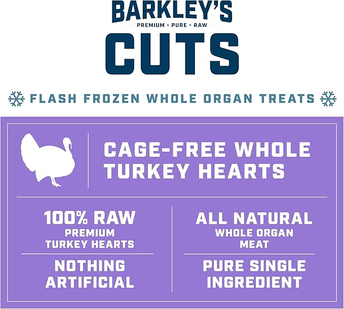 Barkley’s Cuts, Frozen Raw Diced Turkey Hearts Dog Treats, Single Ingredient, Flash Frozen, High Protein Training Treats and Food Toppers for Puppies and Dogs, Human Grade Ingredients, 16 Oz Bag