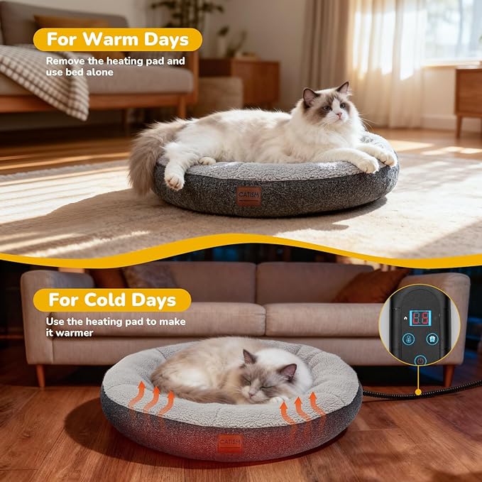 CATISM Heated Cat Bed Indoor - Self Warming Cats Beds, Heating Cat Beds for Indoor Kitten or Small Animals, Cozy Donut Heated Kitty Cave with Timer & Temp Adjustable, Heating Pad with Non-Slip Bottom