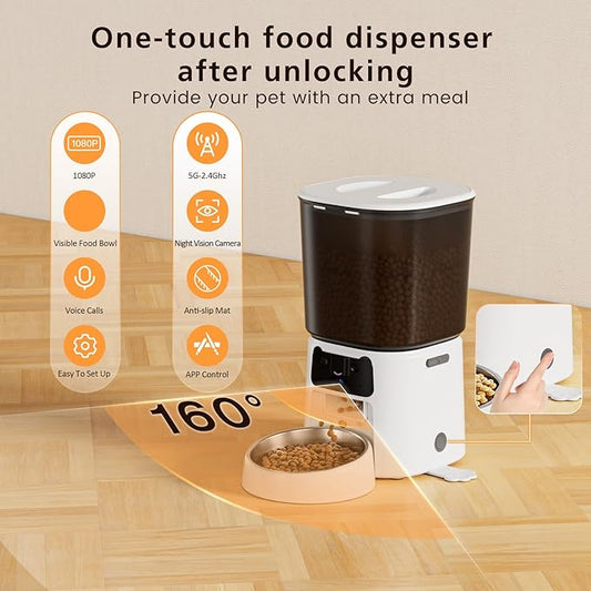 Automatic Cat Feeder with Camera, 4L WiFi Smart Pet Feeder with APP Control, 1080P HD Video, Night Vision,Voice Call, Motion Detection, Dual Power Supply, Stainless Steel Bowl,Supports 5GHz/2.4GHz