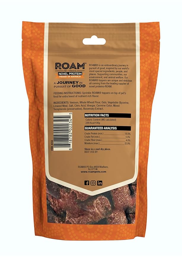ROAM Pet Treats Bucky Exotic Dog Topper, Venison Dog Treats - Single Protein, Sustainably Raised Venison Meat Dog Food Topper - Non-GMO, 4 Ounce